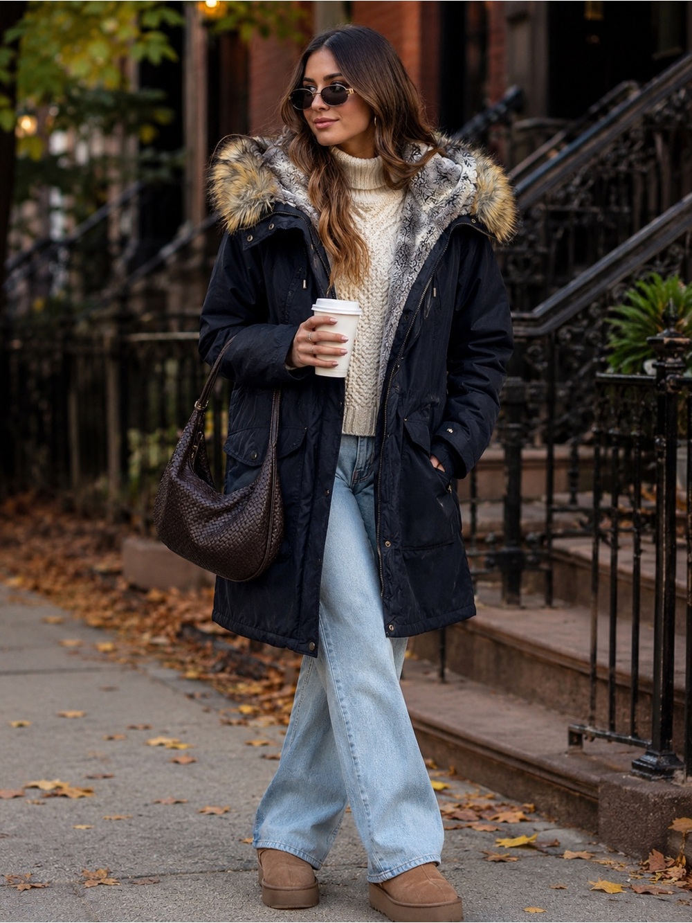 a.n.a Black Faux-Fur Hooded Puffer Parka